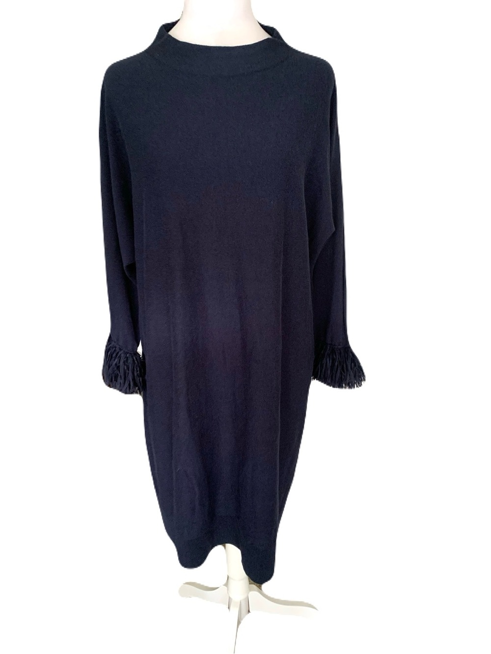 NEW NIC+ZOE Large Navy Blue Long Sleeve Fringe-Cuff Knit Dress Classic Casual
